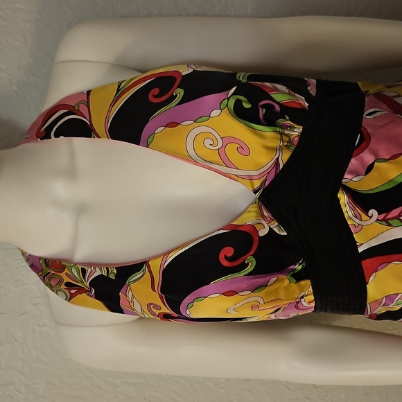 Vtg ROBBIE BEE Vibrant Multicolor Floral Mod Satin Halter Silk Dress - Picture 4 of 12